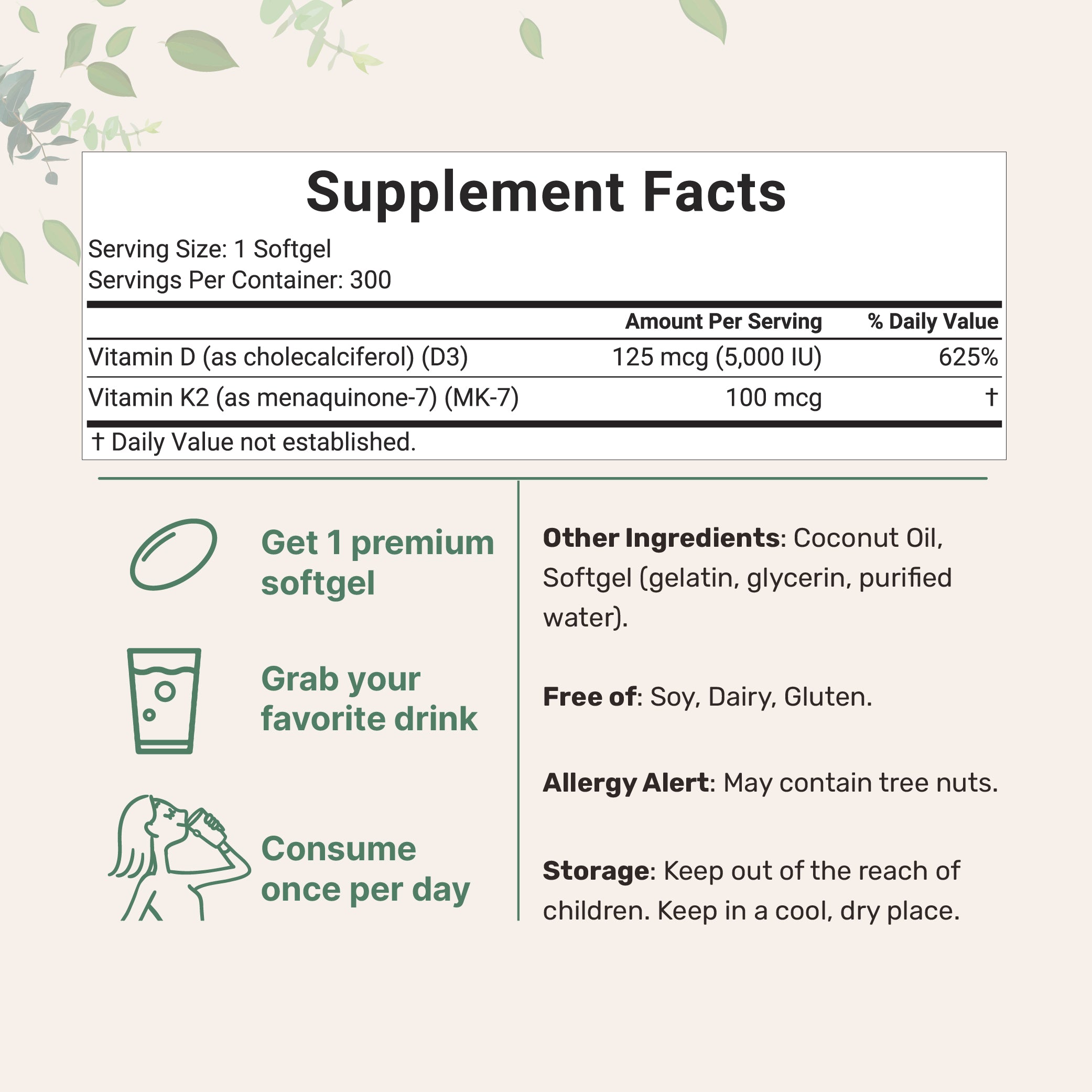 Micro Ingredients Vitamin D3 K2 5000IU /2000IU / 1000IU, Infused with Virgin Coconut Oil, 300 Softgels