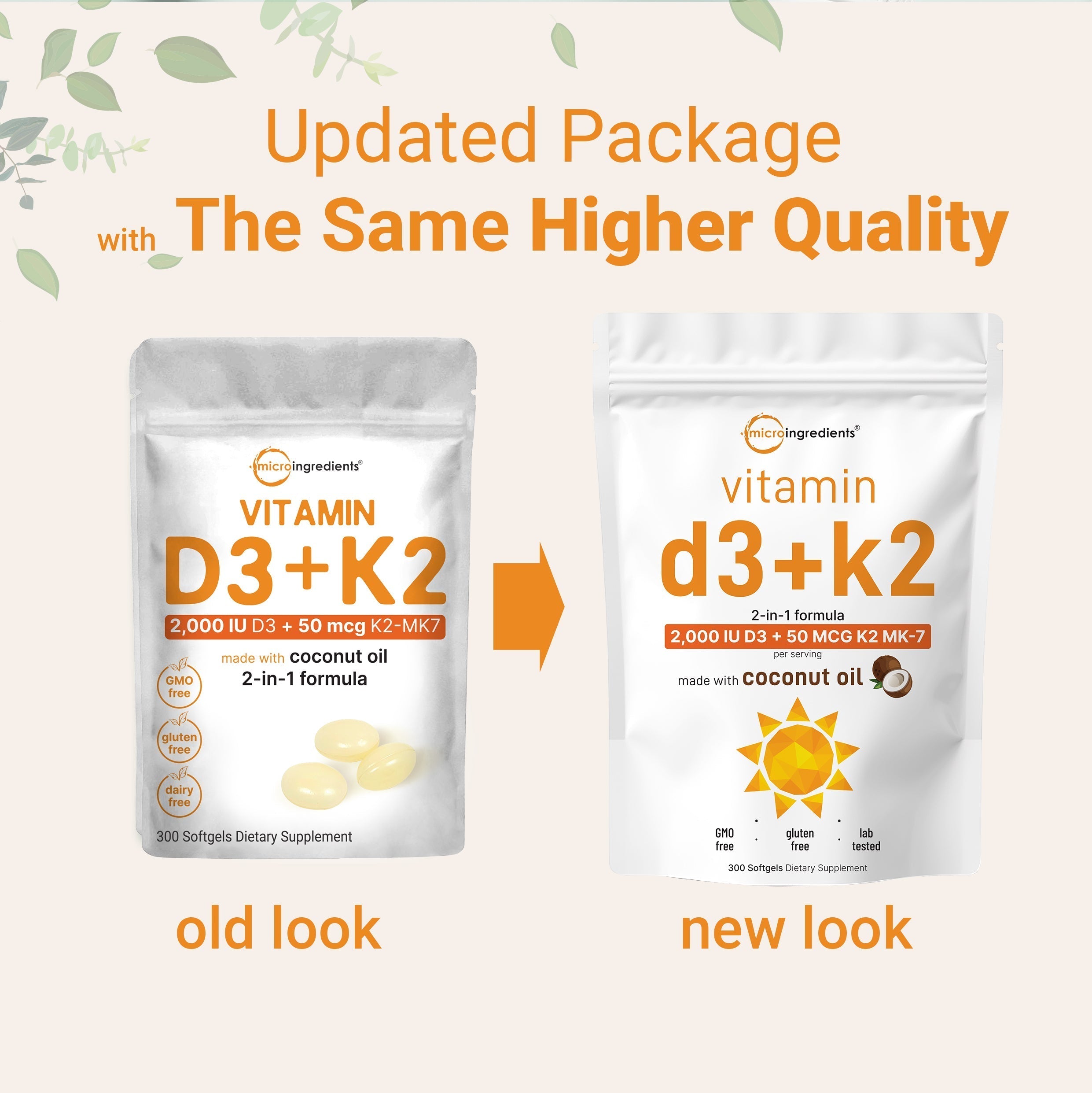 Micro Ingredients Vitamin D3 K2 5000IU /2000IU / 1000IU, Infused with Virgin Coconut Oil, 300 Softgels
